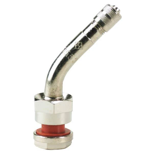 TR553C Clamp-In Truck Tire Valve 45° Bend Metal Rim Valve 0.382" Bore Hole 100 Pack Heavy Duty