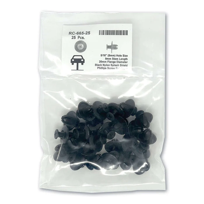 Black Nylon Splash Phil Rivets 8mm Hole 9mm Stem Length Fasteners 25-Pack Durable Automotive & Industrial