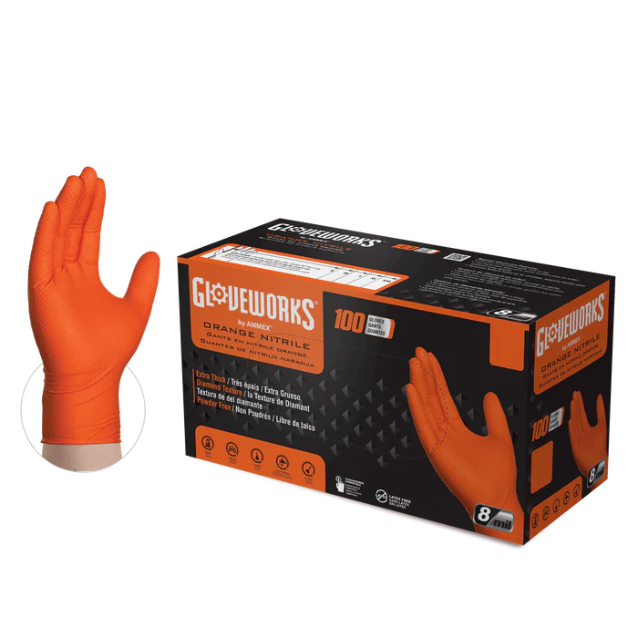 Ammex GloveWorks 8 Mil Orange Nitrile Gloves Medium Diamond Texture Disposable Industrial Gloves