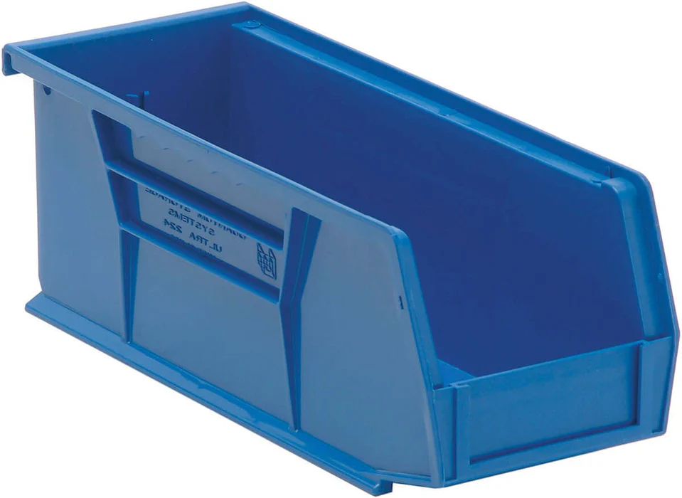Stack Hang Storage Bins 10.875 x 4.125 x 4 Inch Blue Heavy Duty Organizer Bin 12 Pack 30 lb Capacity