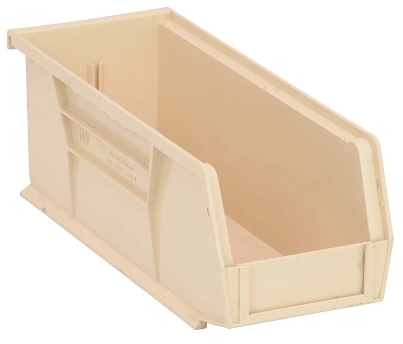 Stack Hang Storage Bins 10.875 x 4.125 x 4 Inch Ivory Heavy Duty Organizer Bin 12 Pack 30 lb Capacity