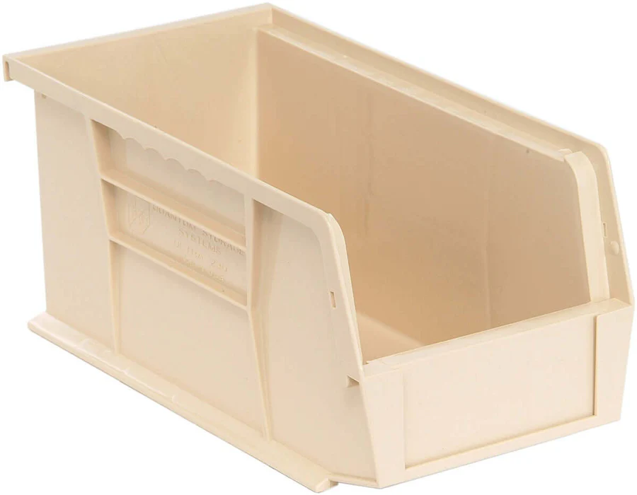 Stack Hang Storage Bin 10.875 x 5.5 x 5 Inch Ivory Heavy Duty Organizer Bin 30 lb Capacity Each