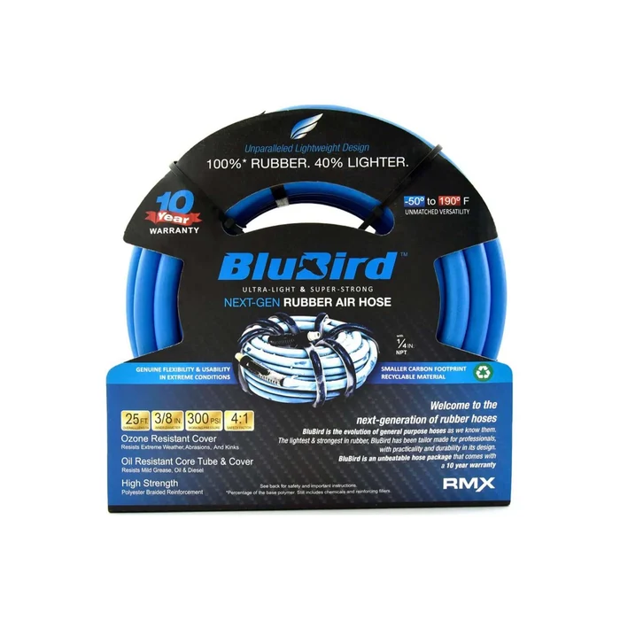 Blu-Bird 3/8" x 25' Rubber Air Hose 300 PSI with 3/8" MPT and 1/4" Reducer