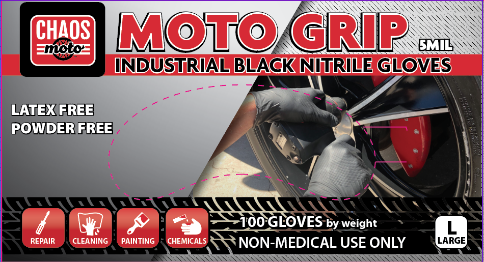Chaos Moto Black Nitrile Gloves 5mil Powder-Free Large 100/Box