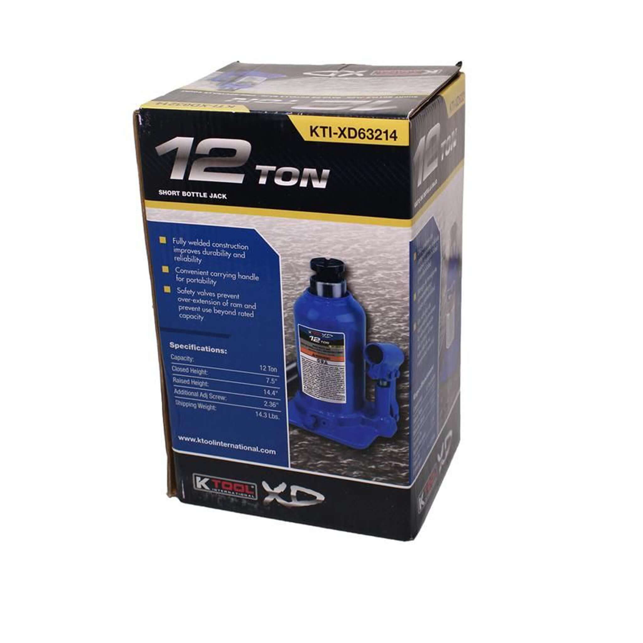 K-Tool 12-Ton Short Bottle Jack 7.48" - 13.78" Lifting Range Welded